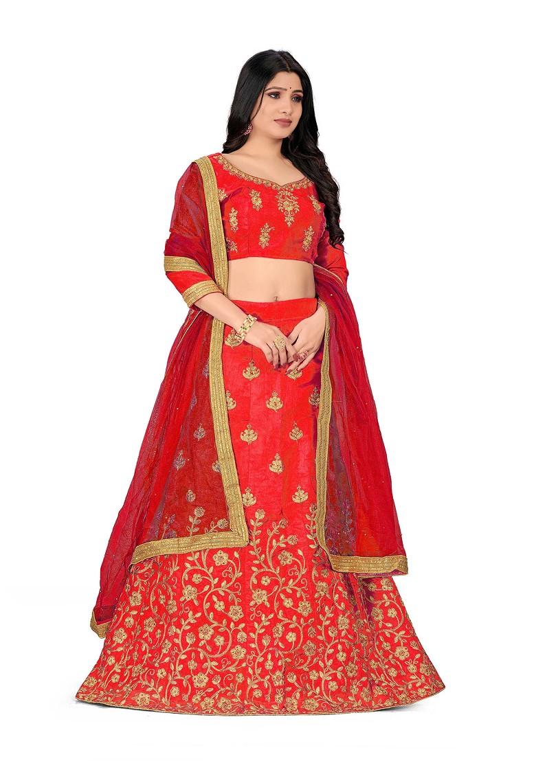 Rust Zari Embroidered Silk Lehenga Set