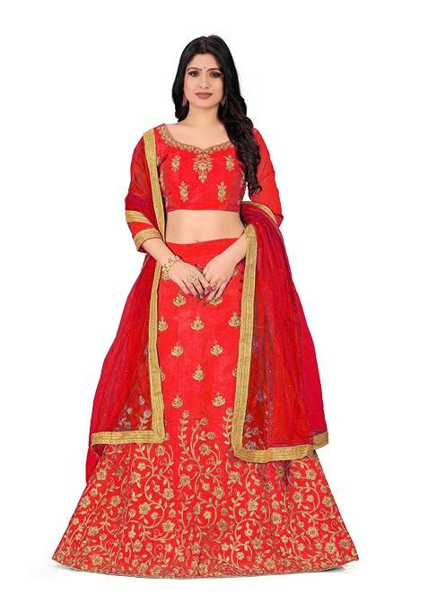 Rust Zari Embroidered Silk Lehenga Set