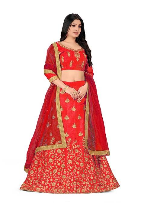 Rust Zari Embroidered Silk Lehenga Set