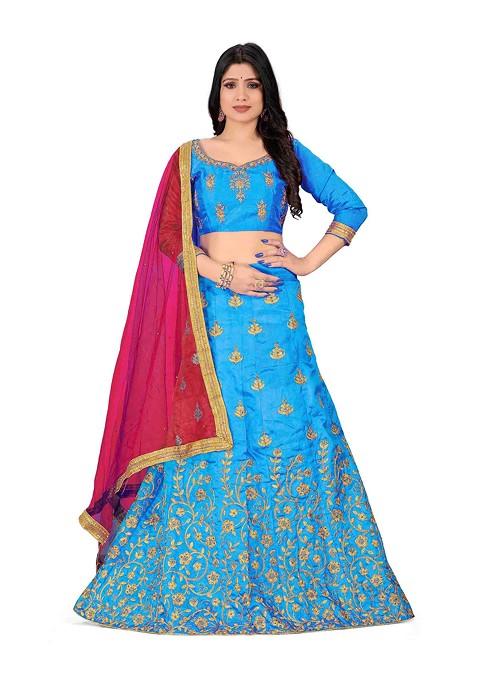 Sky Blue Zari Embroidered Silk Lehenga Set