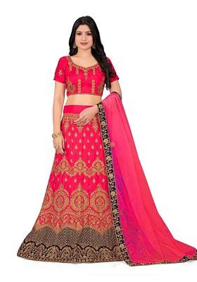 Pink Zari Embroidered Satin Silk Lehenga Set