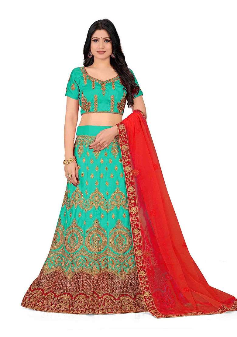 Sea Green Zari Embroidered Satin Silk Lehenga Set - Indya