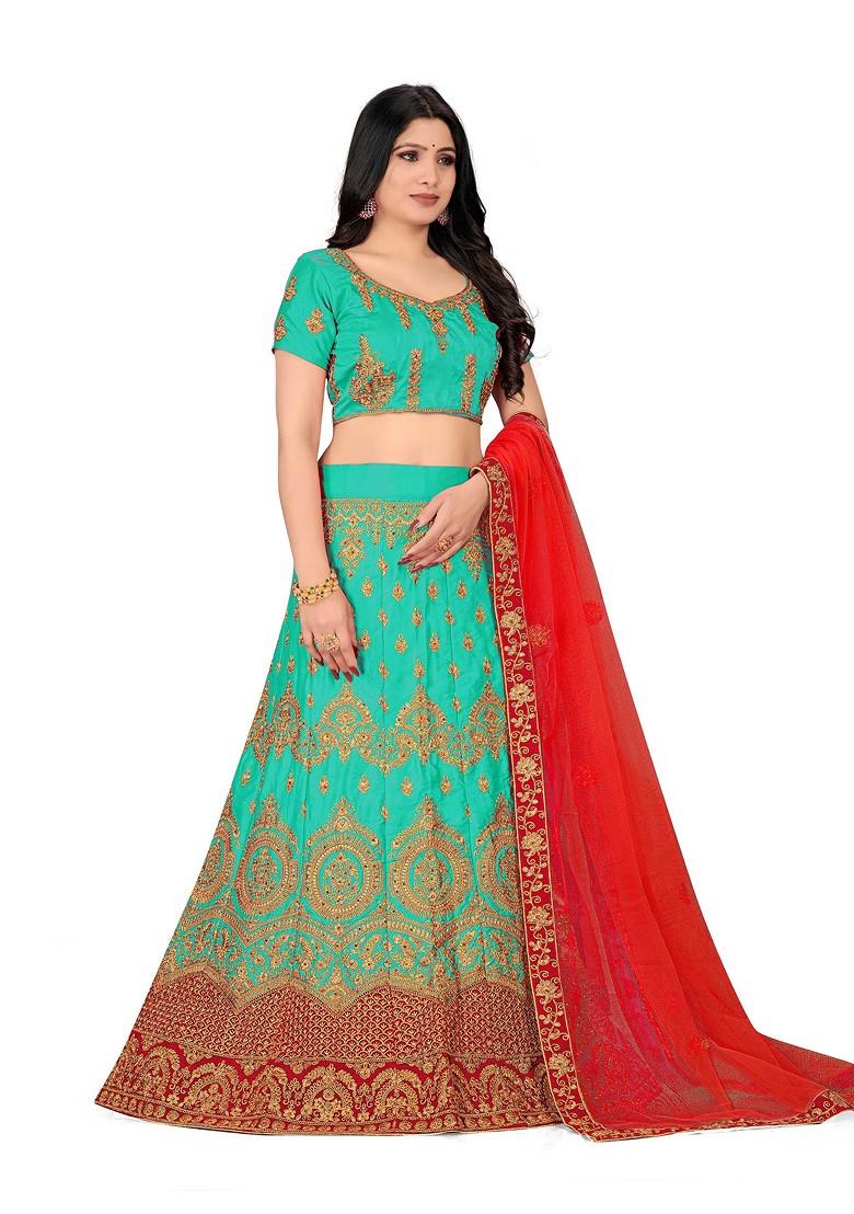 Sea Green Zari Embroidered Satin Silk Lehenga Set