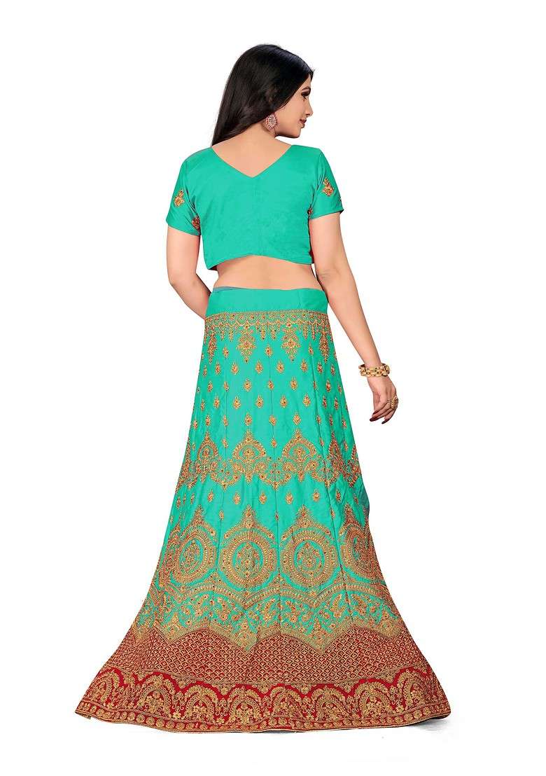 Sea Green Zari Embroidered Satin Silk Lehenga Set - Indya