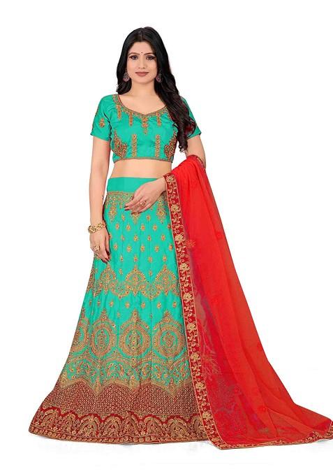 Sea Green Zari Embroidered Satin Silk Lehenga Set