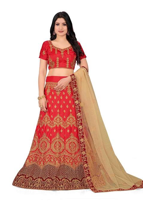 Light Red Zari Embroidered Satin Silk Lehenga Set