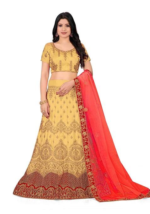 Beige Zari Embroidered Satin Silk Lehenga Set