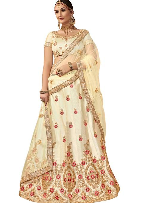 Beige Embroidered Silk Lehenga Set