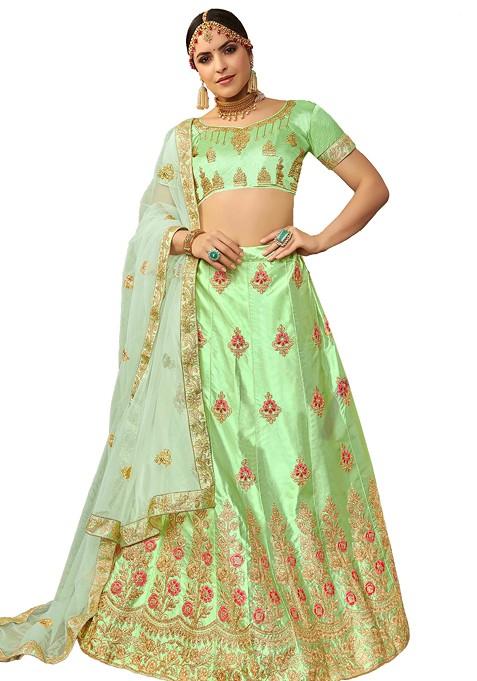 Light Green Embroidered Silk Lehenga Set