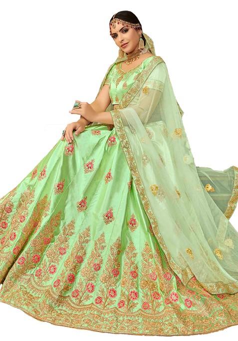 Light Green Embroidered Silk Lehenga Set