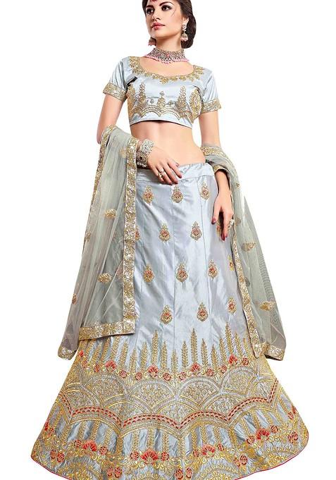 Grey Embroidered Silk Lehenga Set