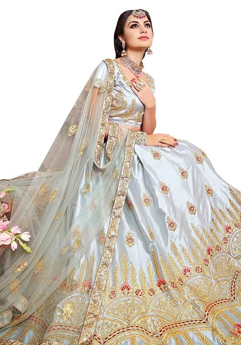 Grey Embroidered Silk Lehenga Set