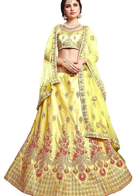 Light Yellow Embroidered Silk Lehenga Set