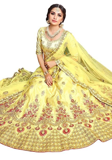 Light Yellow Embroidered Silk Lehenga Set