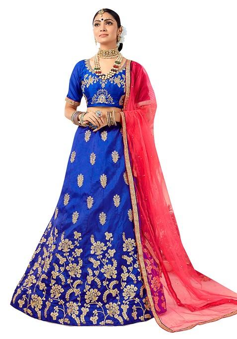 Blue Embroidered Silk Lehenga Set