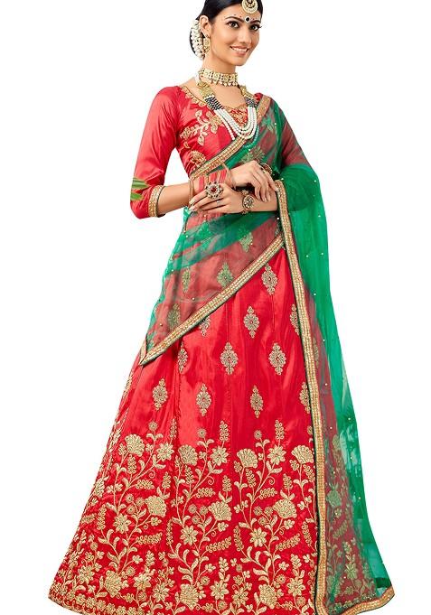 Red Embroidered Silk Lehenga Set