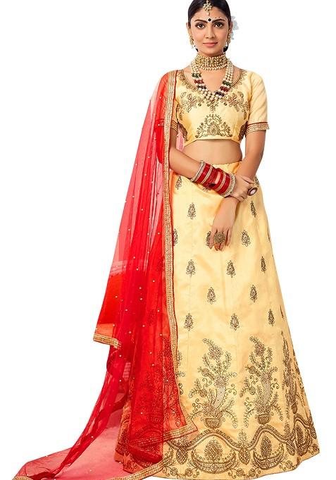 Beige Embroidered Silk Lehenga Set