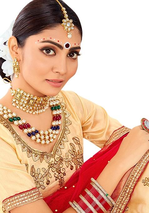 Beige Embroidered Silk Lehenga Set