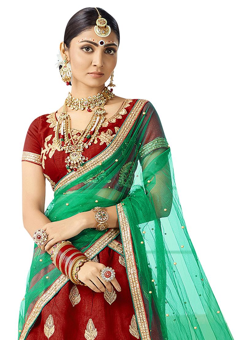 Maroon Embroidered Silk Lehenga Set