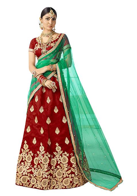 Maroon Embroidered Silk Lehenga Set