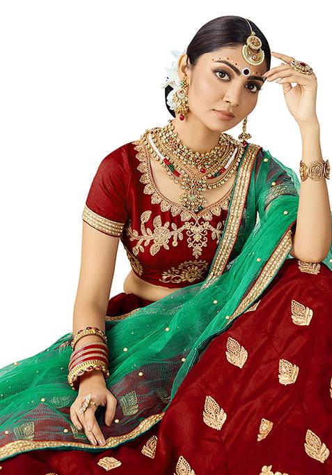 Maroon Embroidered Silk Lehenga Set