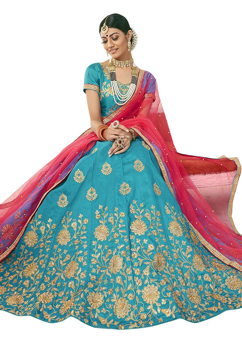 Sky Blue Embroidered Silk Lehenga Set