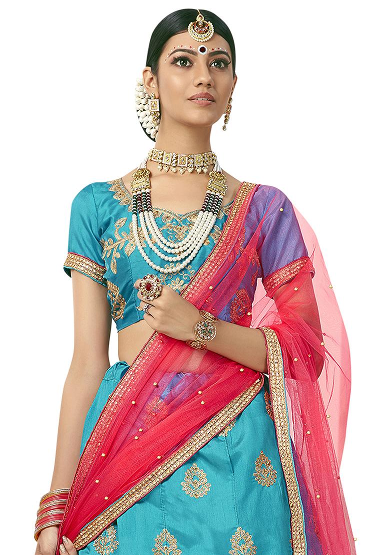 Sky Blue Embroidered Silk Lehenga Set
