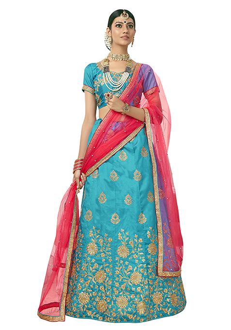 Sky Blue Embroidered Silk Lehenga Set