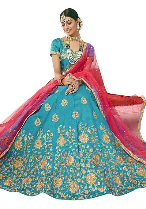 Sky Blue Embroidered Silk Lehenga Set