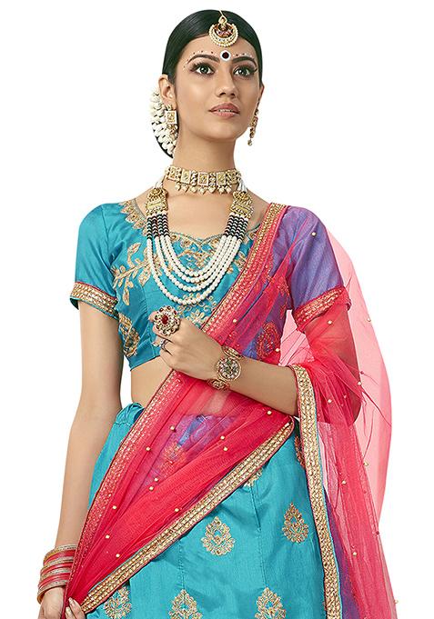 Sky Blue Embroidered Silk Lehenga Set
