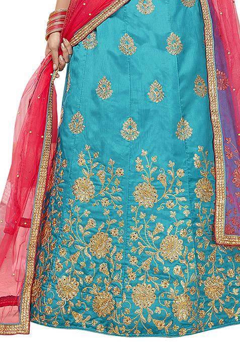 Sky Blue Embroidered Silk Lehenga Set