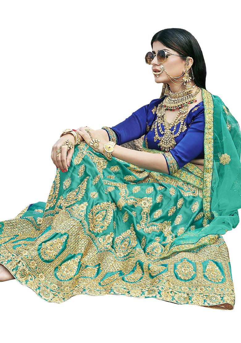 Sea Green Embroidered Satin Silk Lehenga Set