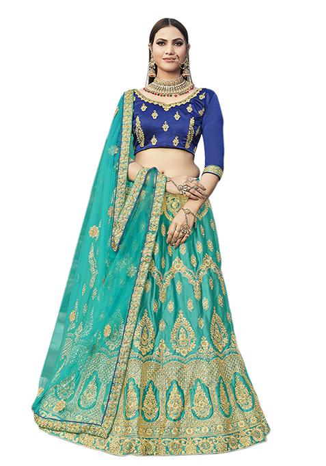 Sea Green Embroidered Satin Silk Lehenga Set