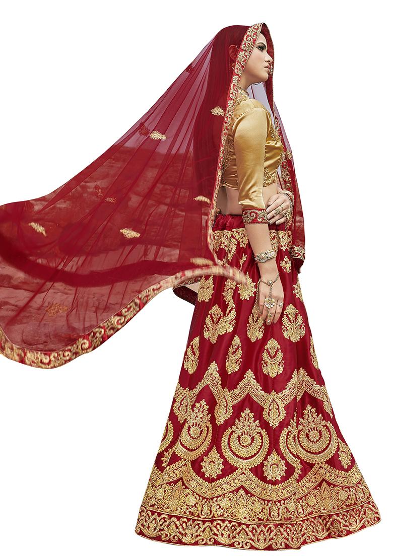 Maroon Embroidered Satin Silk Lehenga Set