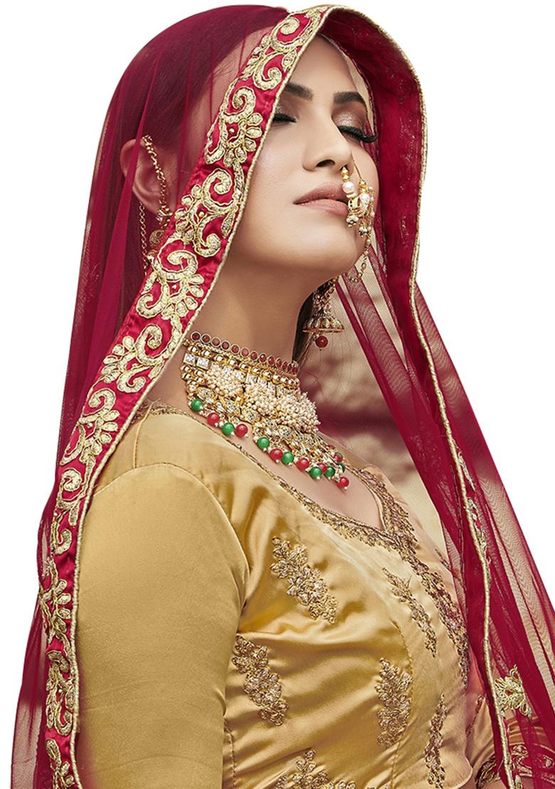 Maroon Embroidered Satin Silk Lehenga Set