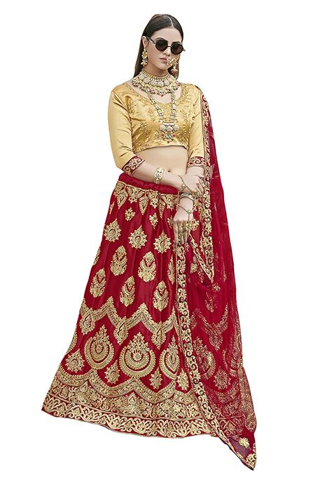 Maroon Embroidered Satin Silk Lehenga Set