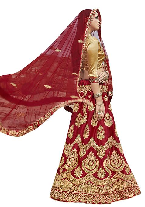 Maroon Embroidered Satin Silk Lehenga Set