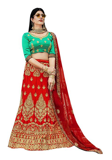 Red Embroidered Satin Silk Lehenga Set