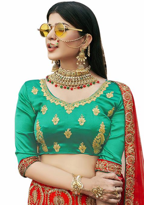 Red Embroidered Satin Silk Lehenga Set