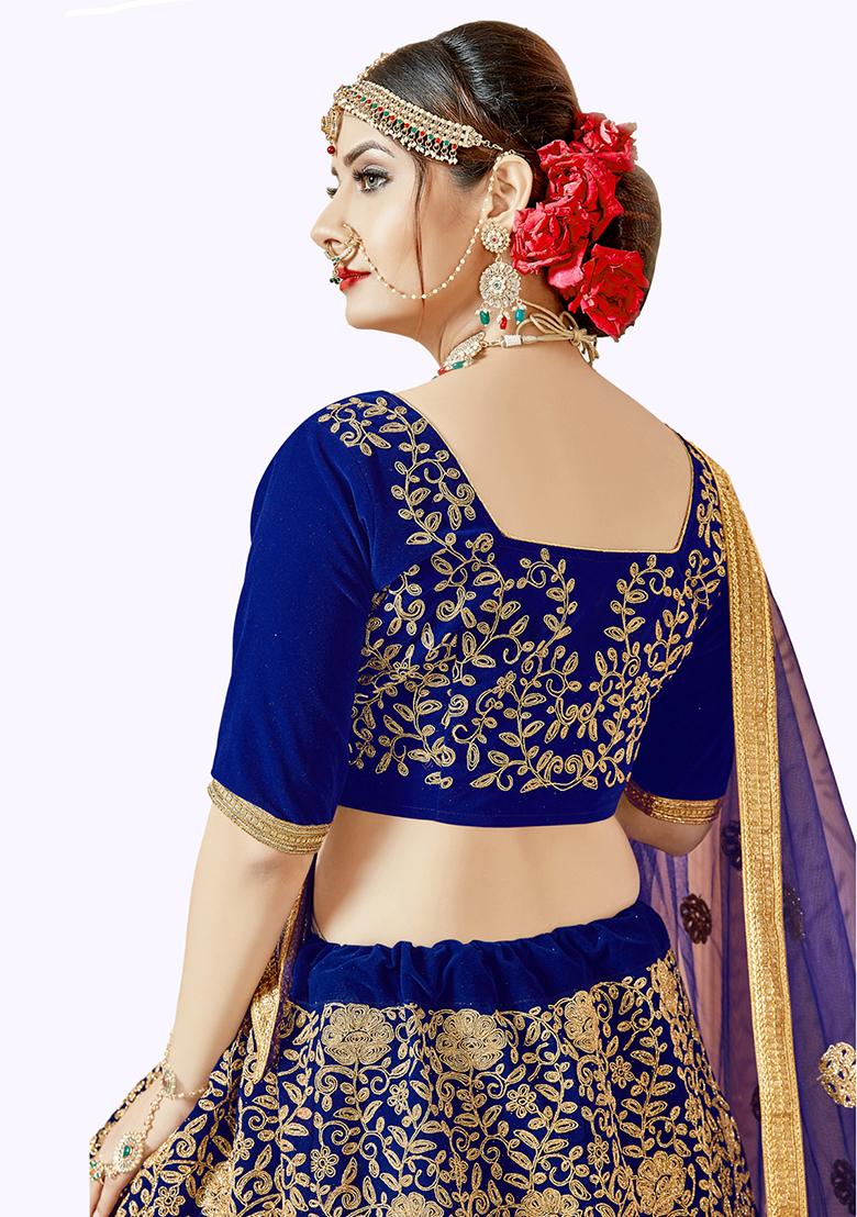 Blue Embroidered Velvet Lehenga Set - Indya
