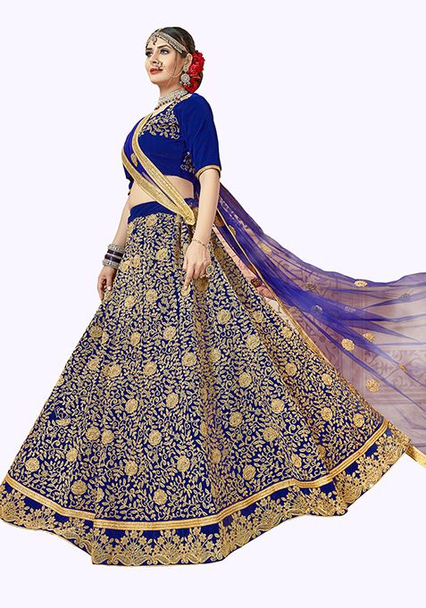 Blue Embroidered Velvet Lehenga Set