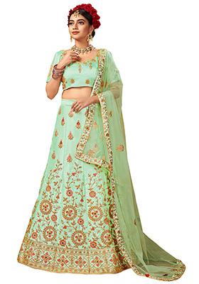 Light Green Embroidered Satin Silk Lehenga Set