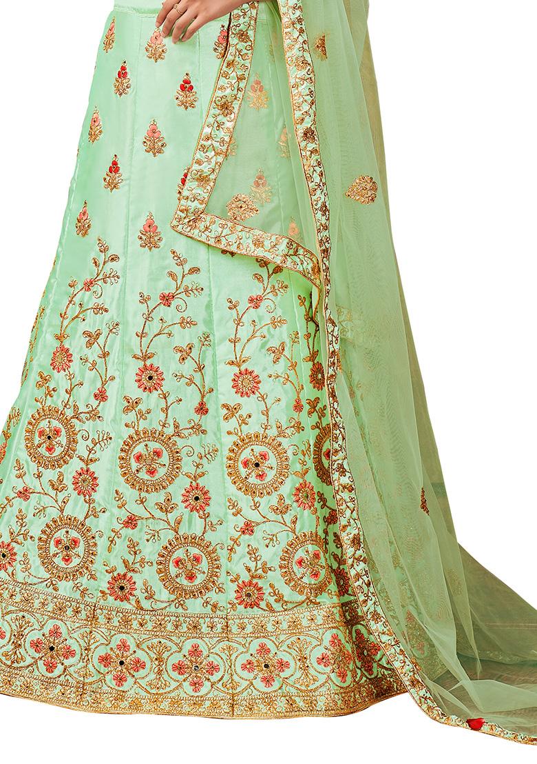 Light Green Embroidered Satin Silk Lehenga Set
