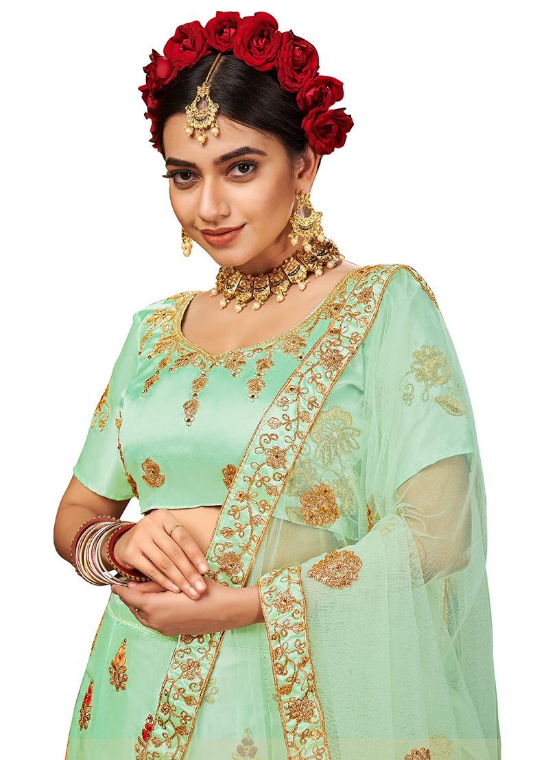 Light Green Embroidered Satin Silk Lehenga Set