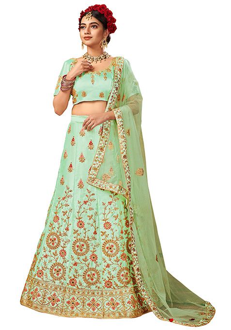 Light Green Embroidered Satin Silk Lehenga Set