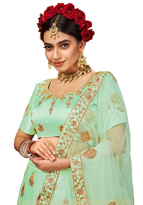 Light Green Embroidered Satin Silk Lehenga Set