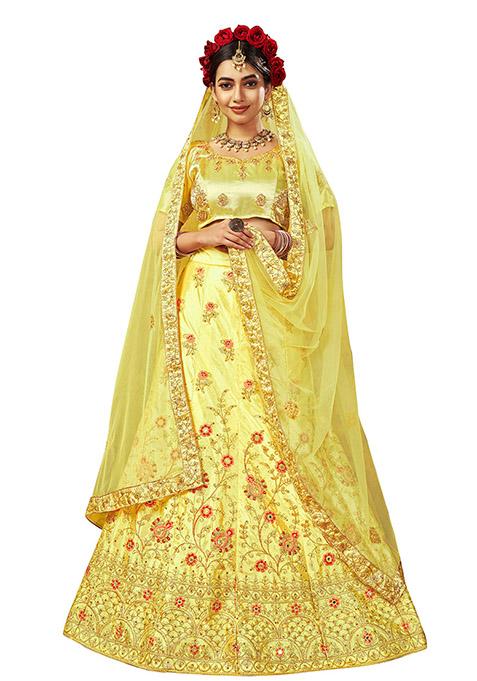 Light Yellow Embroidered Satin Silk Lehenga Set