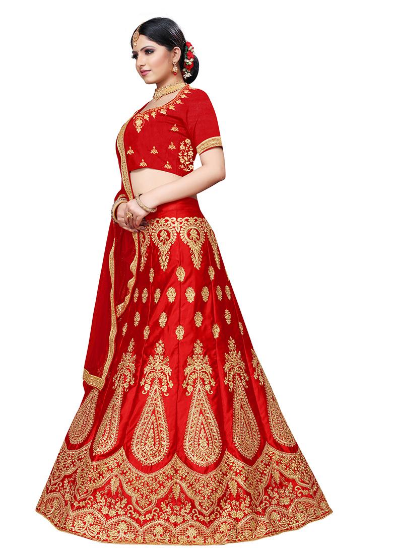Red Zari Embroidered Silk Blend Lehenga Set