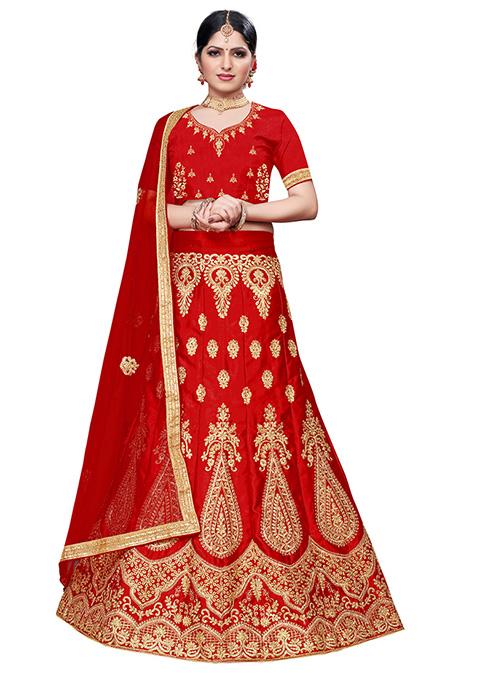 Red Zari Embroidered Silk Blend Lehenga Set