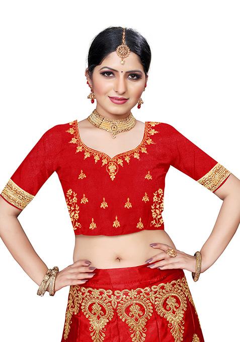 Red Zari Embroidered Silk Blend Lehenga Set
